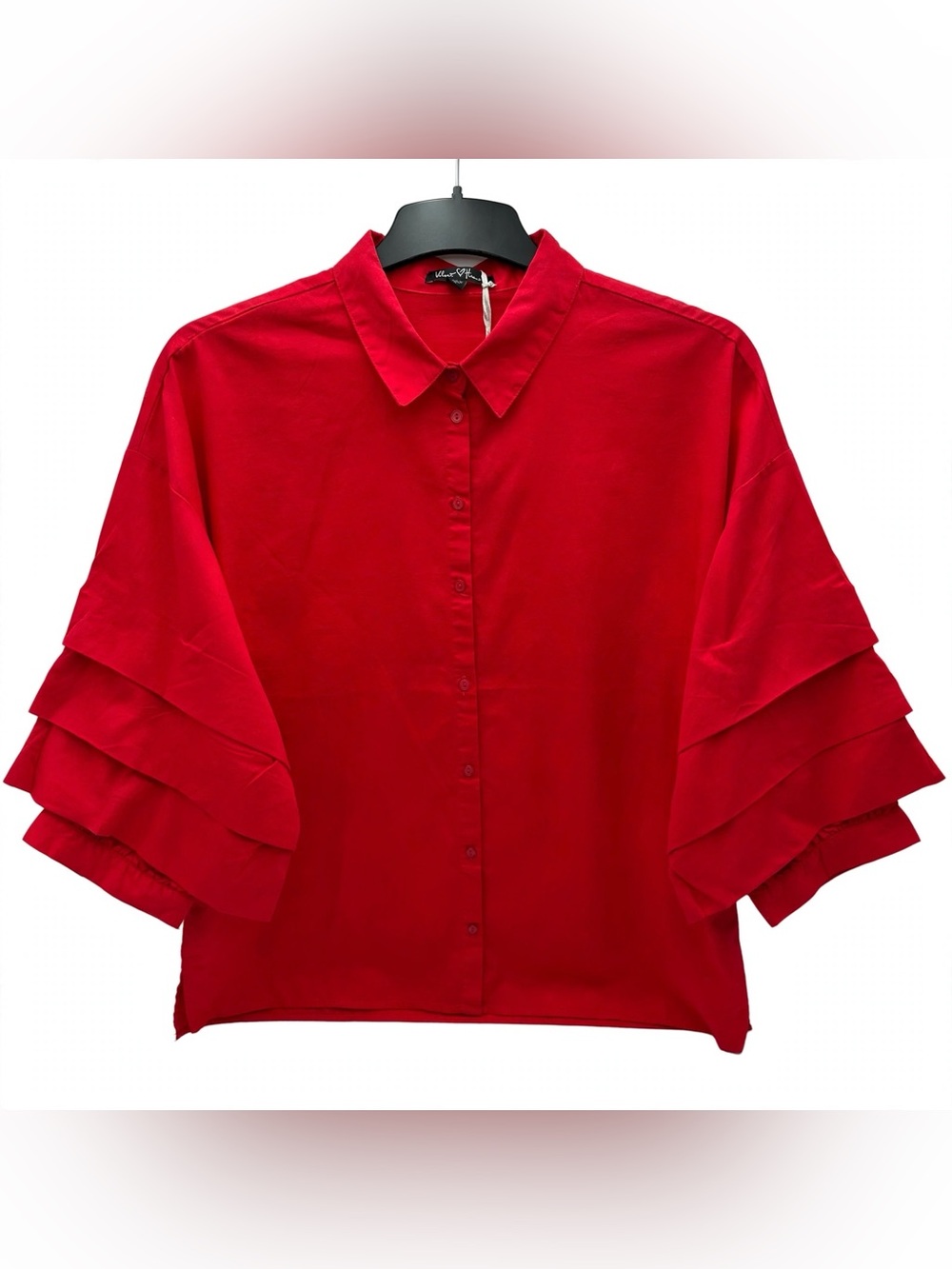 NWT Velvet Heart Red Button-Down Blouse with Tiered Sleeves